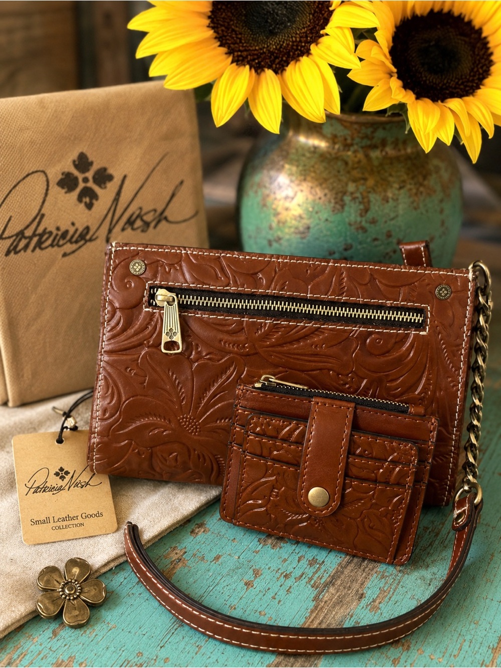 Patricia Nash Tooled Embossed Rose Leather Shoulder Bag  in Cognac Brown NWOT